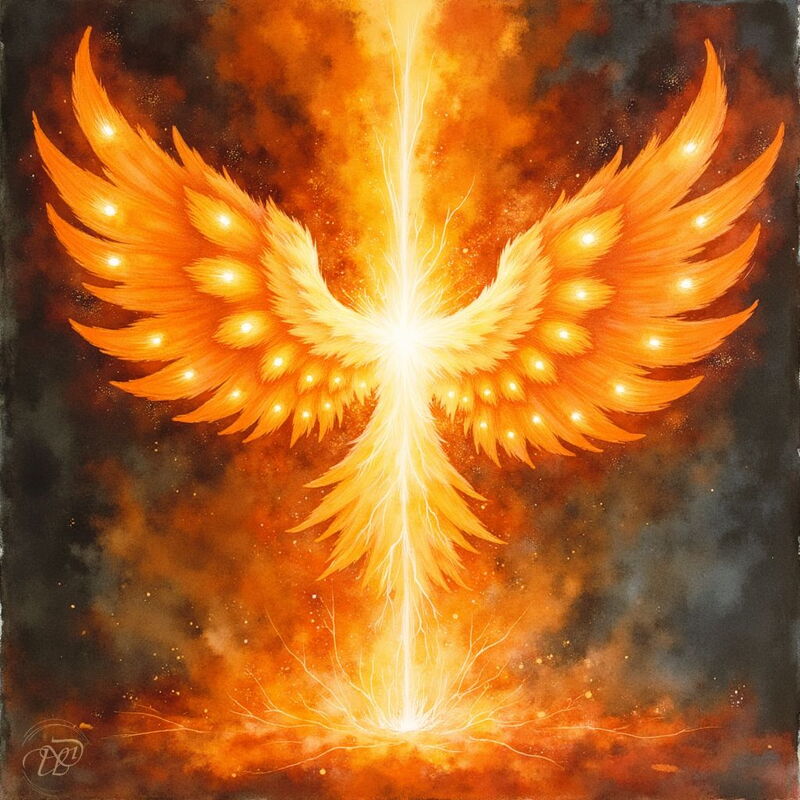 Ein Seraphim-Engel als abstraktes Wesen aus reinem Feuer und Licht. Aus einem leuchtenden Zentrum erheben sich riesige, flammende Flügel, die mit Lichtpunkten besetzt sind, vor einem dunklen, kosmischen Hintergrund.