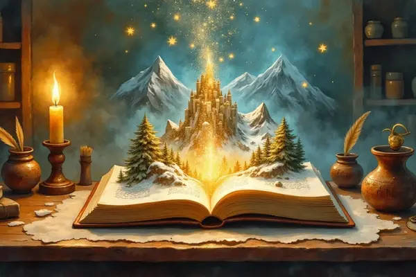 Ein aufgeschlagenes Buch auf einem alten Schreibtisch, aus dem eine leuchtende Fantasielandschaft mit Bergen und Festungen emporsteigt.