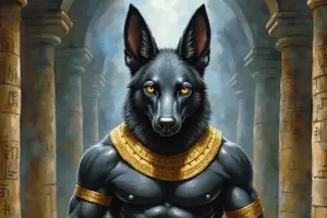 Der ägyptische Gott Anubis mit schwarzem Schakalkopf und leuchtend gelben Augen, der mit muskulösem Oberkörper in einer alten Tempelhalle wacht