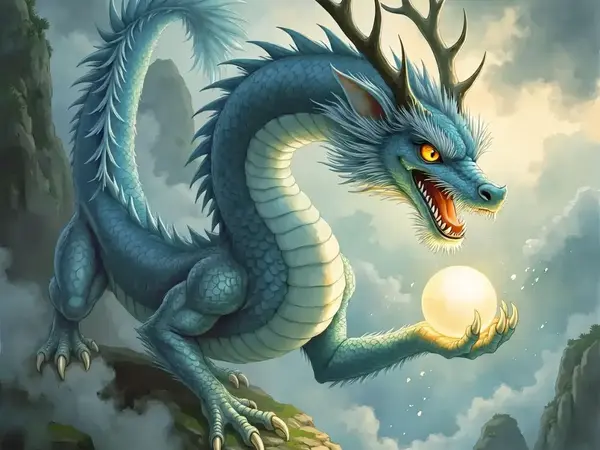 Der chinesische Drache ShenLong gleitet mit blauen Schuppen durch Regenwolken