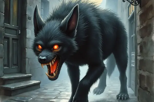 Ein großer, monströser schwarzer Hund, der Barghest, schleicht mit leuchtend roten Augen und entblößten Fängen durch eine dunkle, gepflasterte Gasse. Am Nachthimmel steht ein voller Mond, während eine einzelne Laterne die unheimliche Szene beleuchtet.