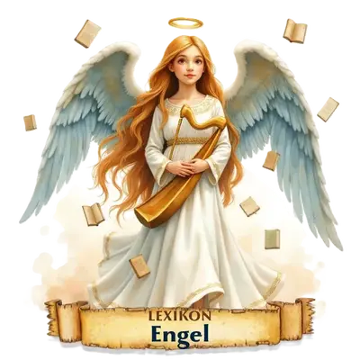 Ein Engel mit großen weißen Flügeln hält eine goldene Harfe, während um ihn herum Bücher schweben.