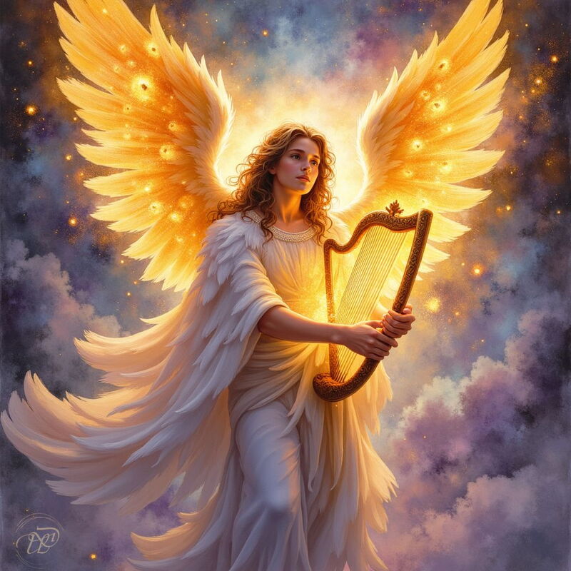 Der Engelfürst Seraphiel mit langen Haaren und gewaltigen, leuchtend goldenen Flügeln. Er steht inmitten eines Sternenhimmels und hält eine goldene Harfe in seinen Händen.