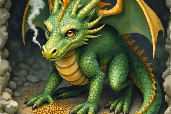 Ein kleiner, grüner Drache mit großen, orangen Augen sitzt in einer Steinhöhle und blickt den Betrachter an. Vor ihm liegt ein kleiner Haufen Gold und aus seinen Nüstern steigt Rauch auf.