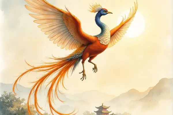 Ein farbenprächtiger Fenghuang, ein mythischer chinesischer Vogel, fliegt mit weit ausgebreiteten, orangefarbenen Flügeln am leuchtenden Himmel. Unter ihm erstreckt sich eine neblige Berglandschaft mit traditionellen Pagoden.