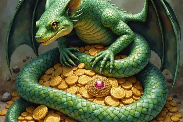 Ein gruener, schlangenartiger Lindwurm mit zwei Beinen und Fluegeln liegt zusammengerollt auf einem grossen Haufen Goldmuenzen und bewacht einen Schatz mit einem zentralen, roten Edelstein.