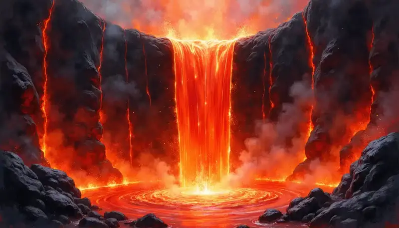 Ein gewaltiger Fall aus Feuer und kochendem Blut stürzt in der Unterwelt hinab und umschließt den dunklen Tartaros.