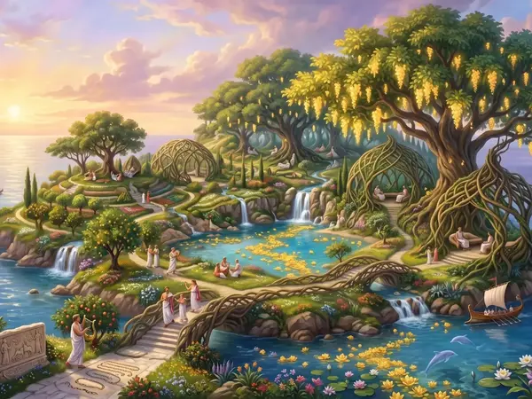 Auf der Insel der Seligen wandeln antike Seelen unter Bäumen mit leuchtend goldenen Blumen.