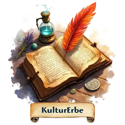 Ein offener Kodex mit orangefarbener Feder, Tintenfass, Münzen und einem Pergament-Banner mit dem Text KulturErbe.