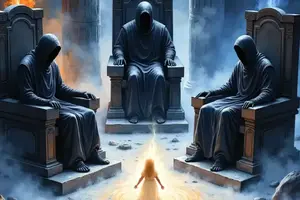 Drei gesichtslose Richter in dunklen Kutten auf Thronen vor einer leuchtenden Seele beim Totengericht Hades