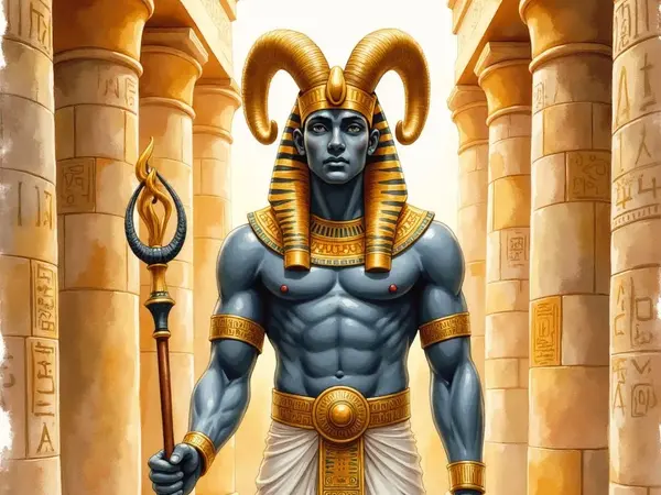 Der ägyptische Gott Amun mit blauer Haut und Widderhörnern, bekleidet mit einem goldenen Kopfschmuck und einem weissen Lendentuch. Er hält ein Was-Zepter in der Hand und steht in einer von Säulen gesäumten ägyptischen Tempelhalle.