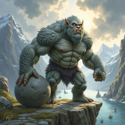 Ein riesiger, muskulöser Bergtroll mit graublauem Fell, roten Augen und Hauern steht auf einer Felsklippe und hält einen massiven Felsbrocken. Im Hintergrund sind schneebedeckte Berge und ein Fjord mit Segelschiffen zu sehen.
