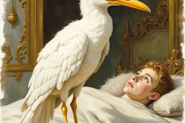 Ein großer, weißer Vogel, der Caladrius, steht auf dem Bett eines kranken, jungen Mannes mit blonden Haaren. Der mythische Vogel blickt dem im Bett liegenden Mann direkt in die Augen, während dieser hoffnungsvoll zu ihm aufschaut.