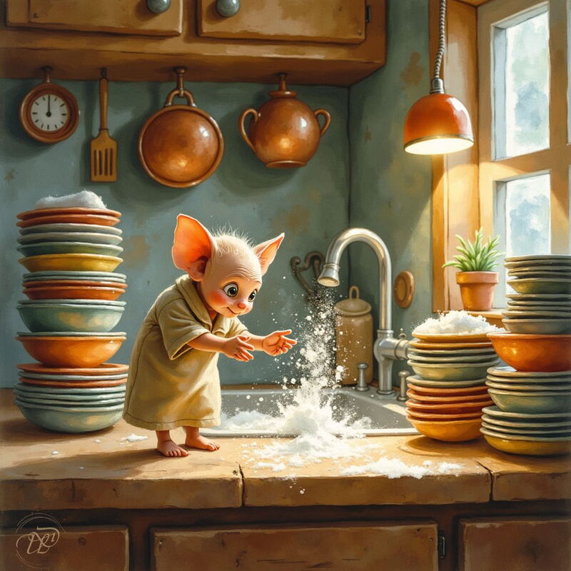 Ein kleiner, freundlicher Hausgeist mit grossen Ohren spielt in einer Küche mit Seifenschaum. Er steht auf der Arbeitsfläche neben dem Spülbecken, umgeben von hohen Stapeln aus buntem, sauberem Geschirr.