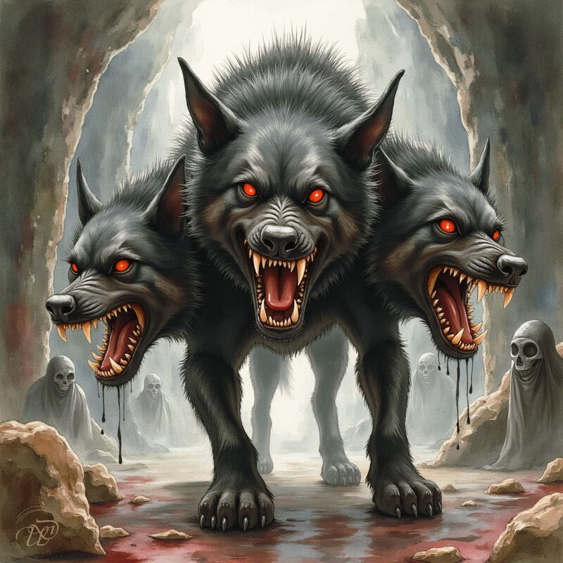 Ein furchteinflößender, schwarzer, dreiköpfiger Hund mit leuchtend roten Augen und entblößten Reißzähnen bewacht den felsigen, blutbefleckten Eingang zur Unterwelt, während im Hintergrund geisterhafte Gestalten lauern.