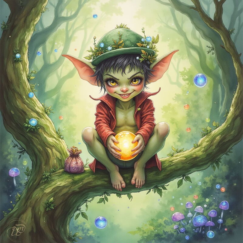 Der Kobold Puck mit grüner Haut, grossen Ohren und einem schelmischen Grinsen sitzt auf einem Baumast. Er trägt eine rote Jacke sowie eine Blätter-Mütze und hält eine leuchtende Kugel in seinen Händen, umgeben von magischen Blasen.