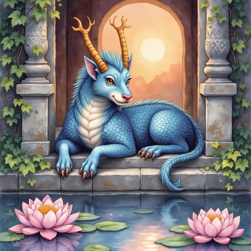 Ein sanftmütig blickendes, blaues Qilin mit schuppigem Körper und goldenem Geweih liegt auf einer steinernen Terrasse an einem Teich mit Lotusblüten. Efeu rankt an den Säulen eines Torbogens, der den Blick auf eine Sonne freigibt.