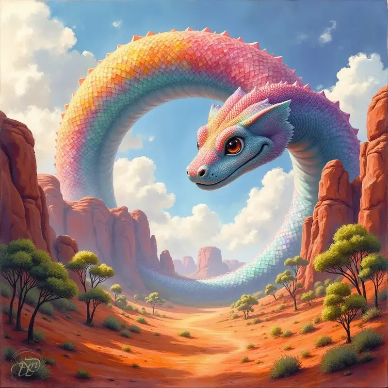 Eine riesige Regenbogenschlange, deren schimmernde Schuppen in allen Farben leuchten, formt mit ihrem Körper einen Kreis am blauen Himmel. Sie blickt freundlich auf eine weite, rote Felsenlandschaft, die an das australische Outback erinnert.