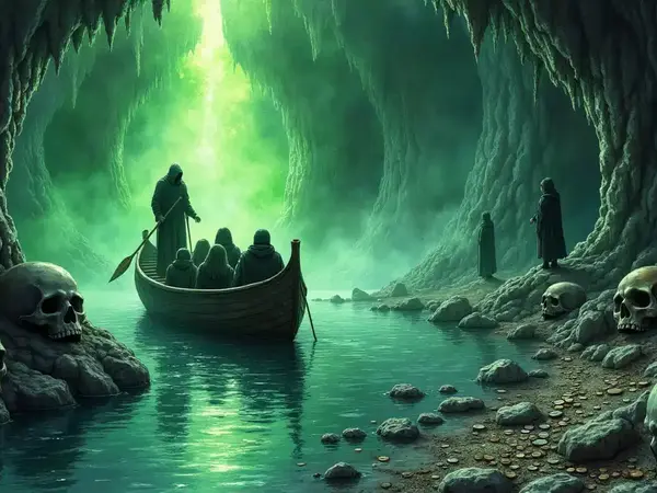 Ein Boot mit den Fährmann Chiron und verhüllten Gestalten fährt über den schwarzen Fluss Styx, erhellt von magischem Licht, im Hades. Am Ufer liegen große Totenschädel.