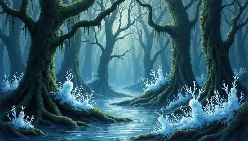 Ein geheimnisvolles Nebelmoor mit alten, bemoosten Bäumen und leuchtend blauen, kristallinen Pflanzen an den Wurzeln.