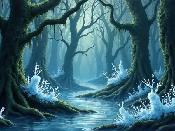 Ein geheimnisvolles Nebelmoor mit alten, bemoosten Bäumen und leuchtend blauen, kristallinen Pflanzen an den Wurzeln.