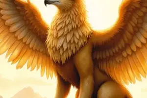 Greif als majestätisches Fabelwesen mit dem Körper eines Löwen und dem Kopf und den Flügeln eines Adlers, der auf einem Felsen thront