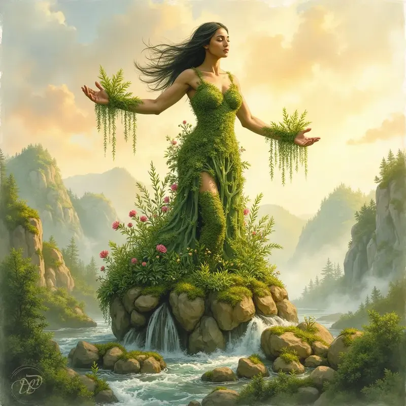 Die Göttin Gaia, deren Körper und Kleid vollständig aus grünen Blättern, Farnen und rosa Blüten geformt sind, steht mit offenen Armen auf einem Felsen inmitten eines rauschenden Flusses vor einer nebligen Berglandschaft.