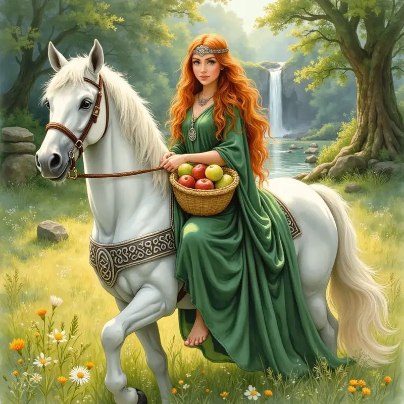 Die keltische Göttin Epona mit langem, rotem Haar und in einem grünen Kleid reitet auf einem anmutigen, weißen Pferd. Sie bewegt sich durch eine idyllische Wiesenlandschaft und trägt einen Korb mit Äpfeln, während im Hintergrund ein kleiner Wasserfall zu