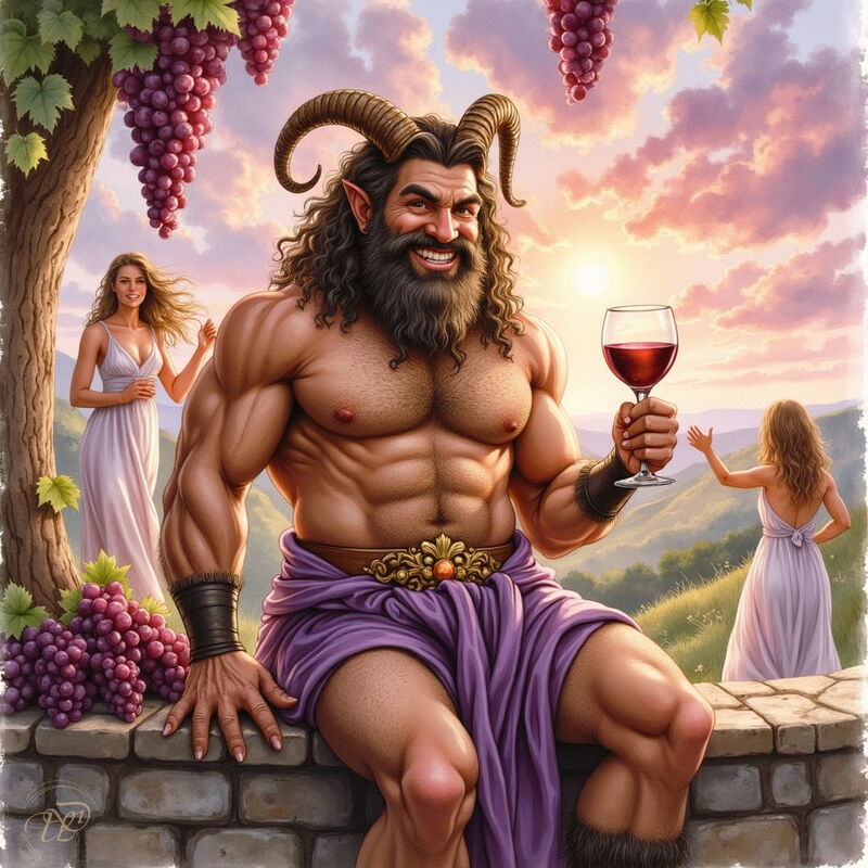 Ein lebensfroher, muskulöser Satyr mit Ziegenhörnern und einem dichten Bart sitzt auf einer Steinmauer und prostet dem Betrachter mit einem Glas Rotwein zu. Um ihn herum hängen reife Weintrauben, und im Hintergrund tanzen zwei Nymphen in einer idyllischen