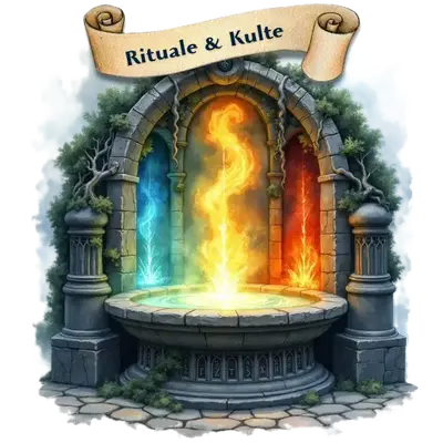 Antikes Steinbecken mit drei leuchtenden Energiesäulen in Blau, Gold und Rot für spirituelle Rituale.