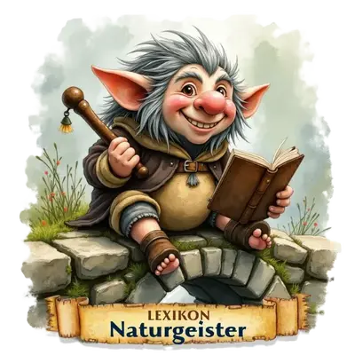 Ein lächelnder Kobold mit grauen Haaren und spitzen Ohren sitzt mit einem Buch auf einer Steinbrücke.
