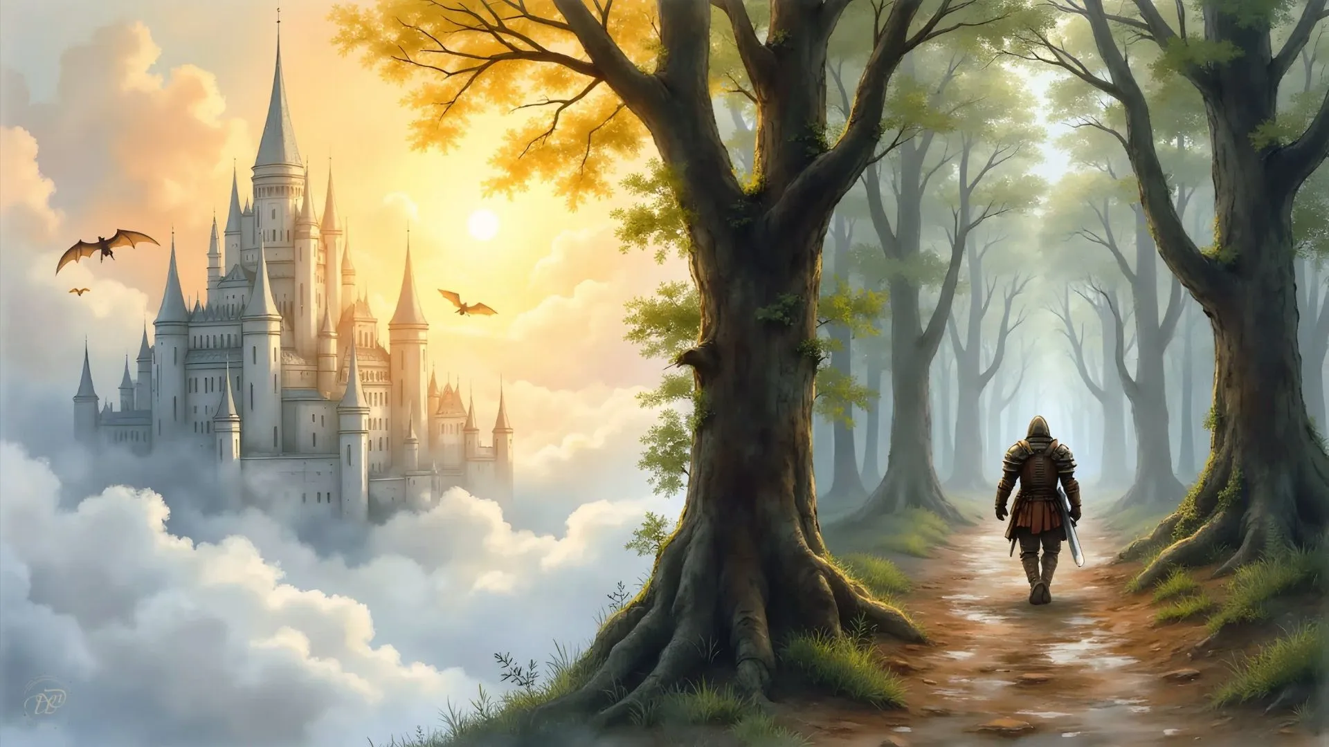 Kontrast zwischen einer strahlenden Fantasiestadt und einem schlammigen Pfad als Symbol für High und Low Fantasy.