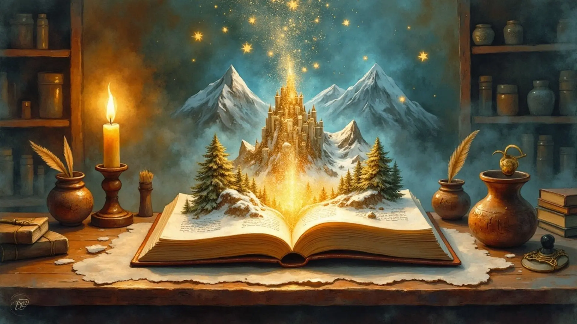 Ein aufgeschlagenes Buch auf einem alten Schreibtisch, aus dem eine leuchtende Fantasielandschaft mit Bergen und Festungen emporsteigt.