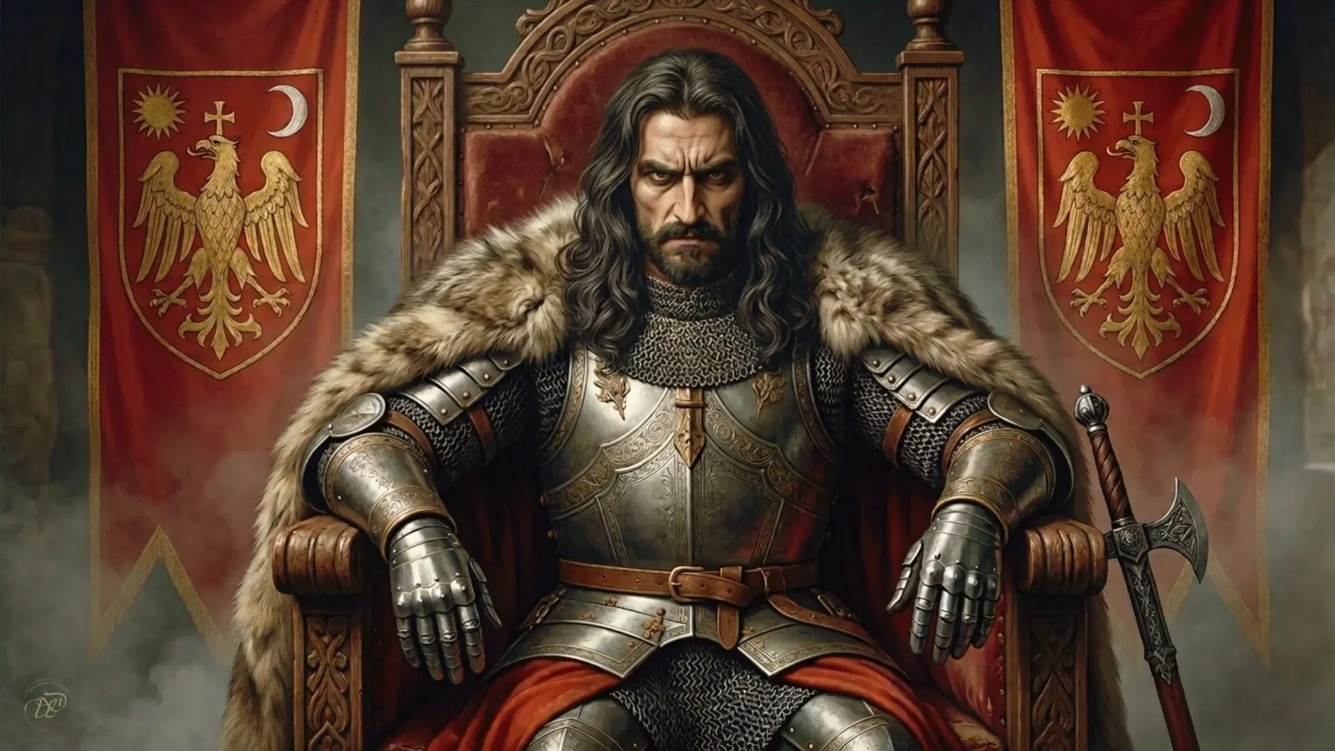 Historische Darstellung von Vlad III. Drăculea auf dem Thron