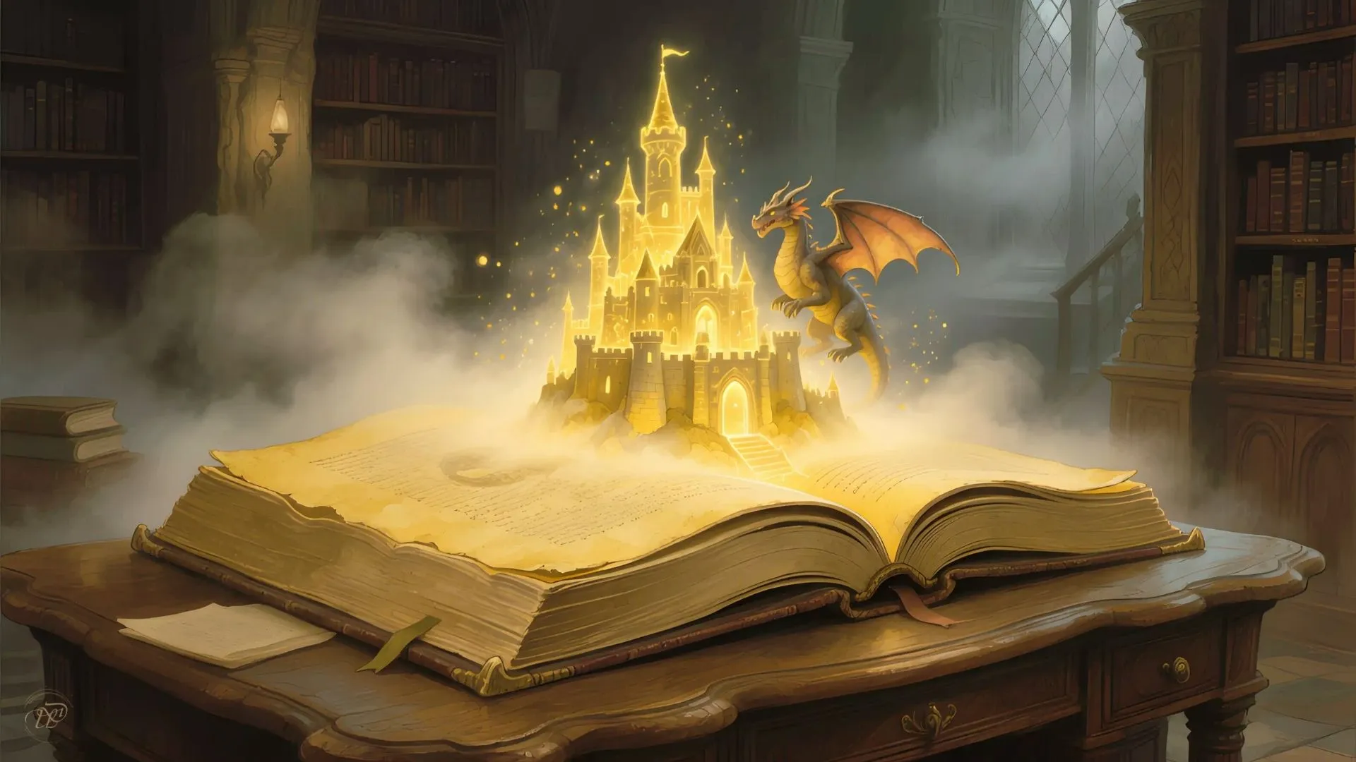 Ein aufgeschlagenes antikes Buch, aus dem eine magische Welt als goldener Nebel aufsteigt.
