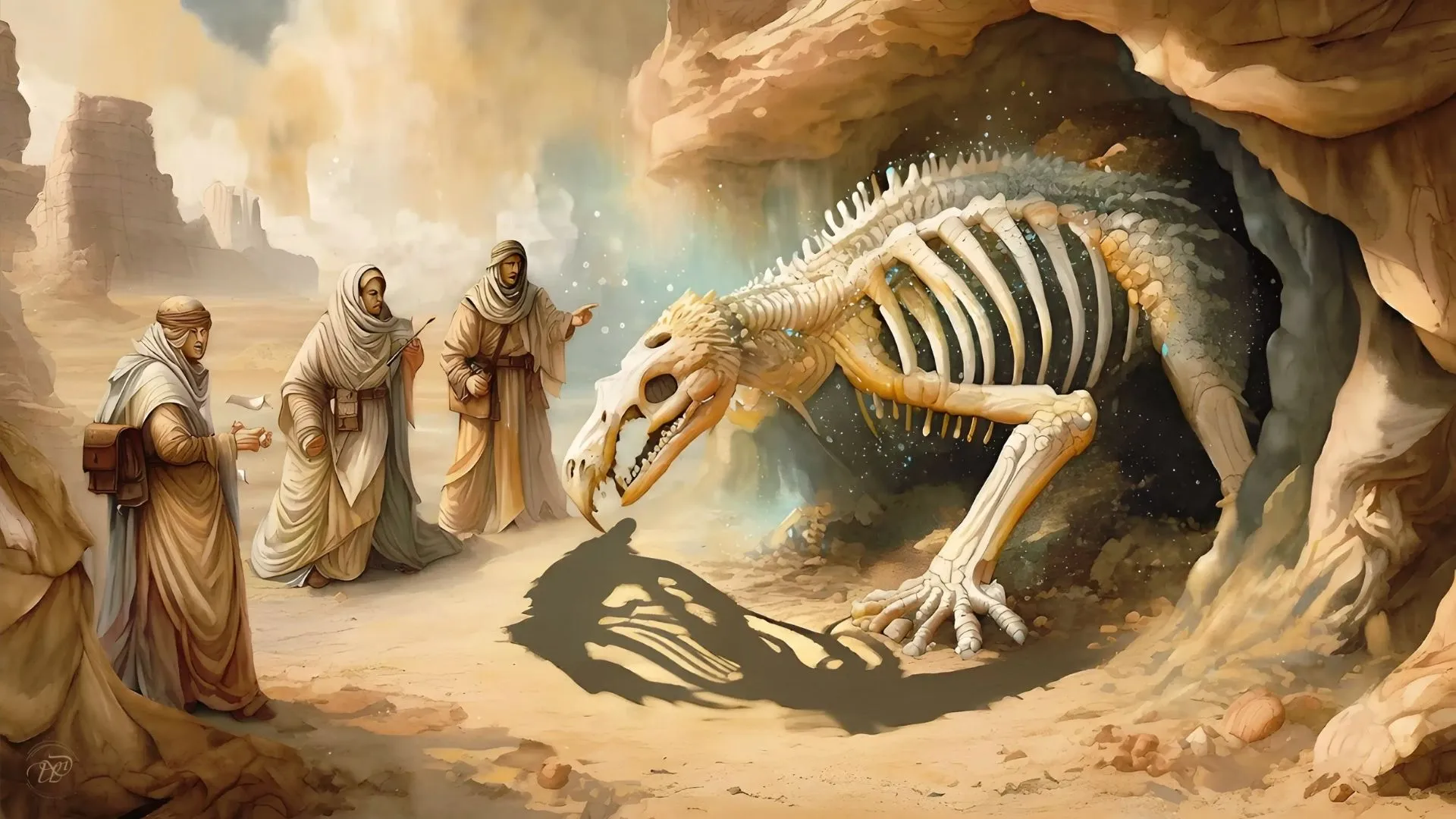 Antike Gelehrte betrachten Dinosaurierknochen, deren Schatten wie ein Greif aussieht.