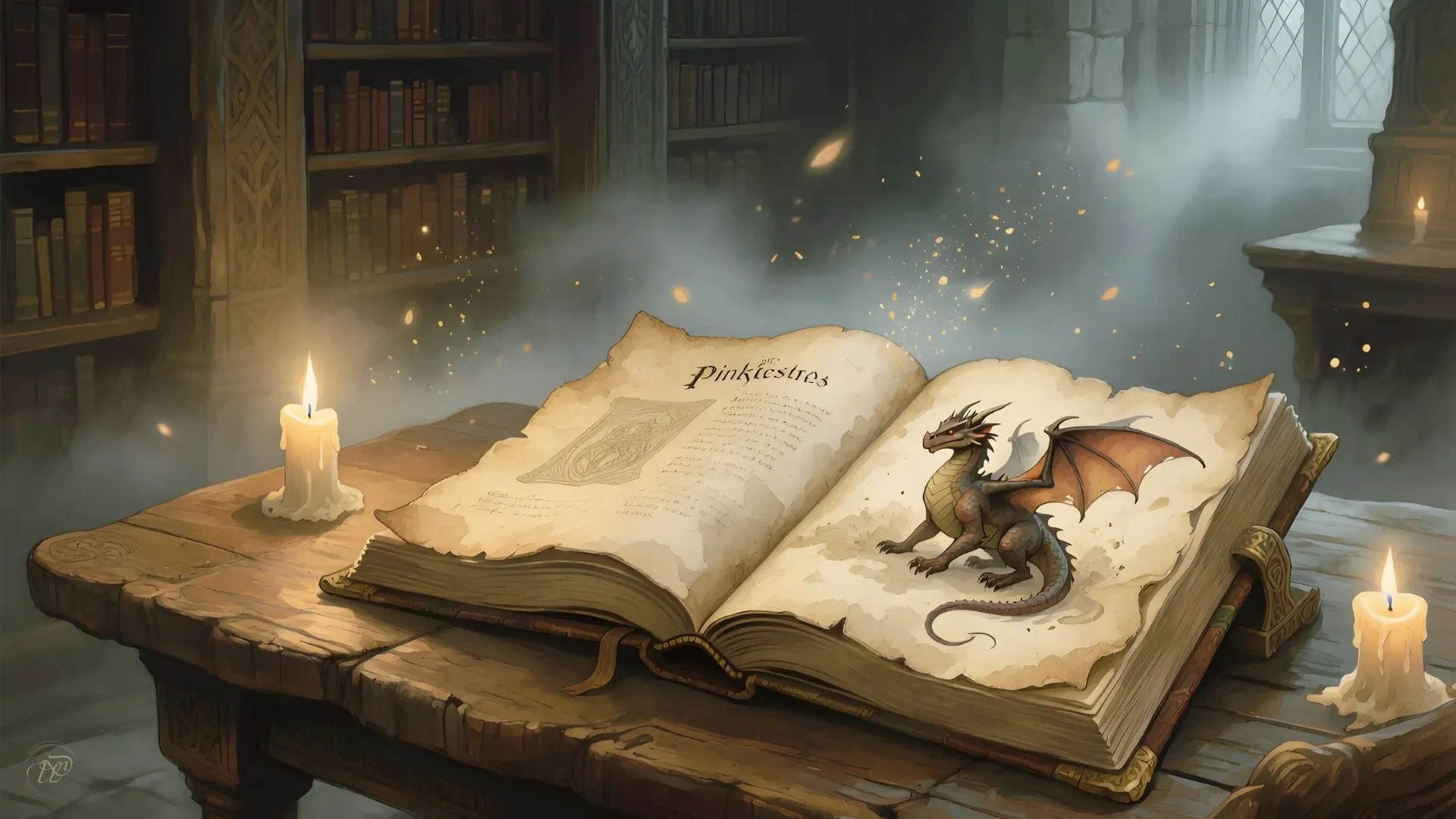 Ein aufgeschlagenes antikes Buch mit einer Drachenzeichnung im Kerzenlicht.