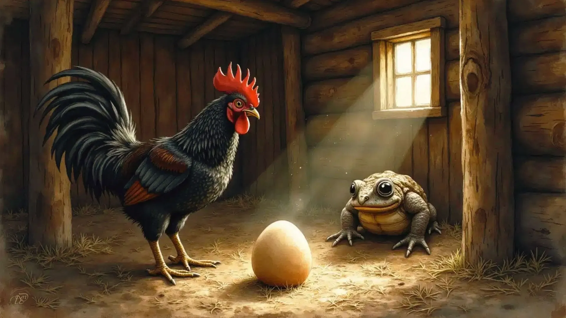 Ein Hahn bewacht ein lederartiges Ei im Stroh, während sich eine Kröte nähert.