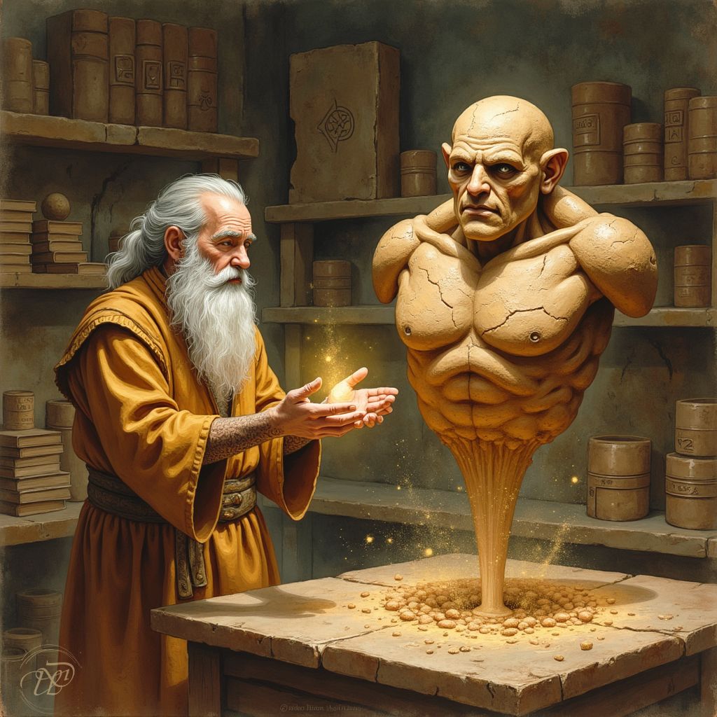 Ein alter Magier mit langem, weißem Bart formt in seiner Werkstatt mit goldener Magie den Torso eines Golems. Die Kreatur aus Lehm und Sand erhebt sich von einem Steintisch, während magische Partikel umherschweben.