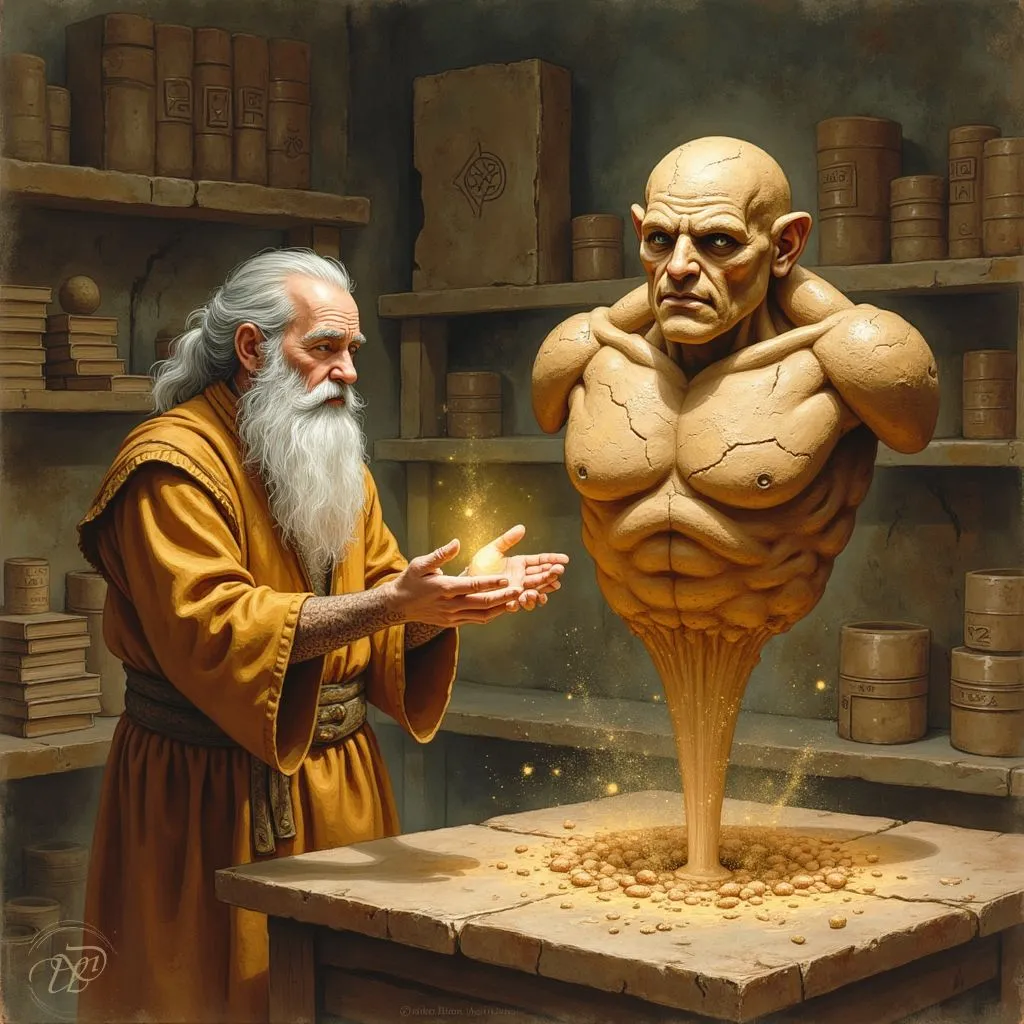 Ein alter Magier mit langem, weißem Bart formt in seiner Werkstatt mit goldener Magie den Torso eines Golems. Die Kreatur aus Lehm und Sand erhebt sich von einem Steintisch, während magische Partikel umherschweben.