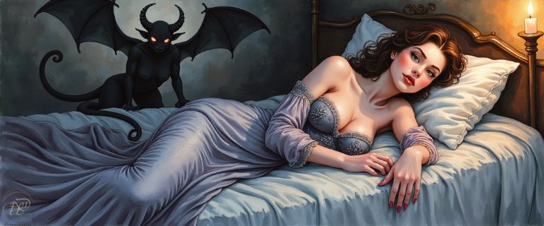 Eine Sukkubus in Gestalt einer schönen Frau liegt in einem lavendelfarbenen Nachthemd auf einem Bett. Im dunklen Hintergrund kauert ihre wahre dämonische Form mit leuchtend roten Augen und Fledermausflügeln.