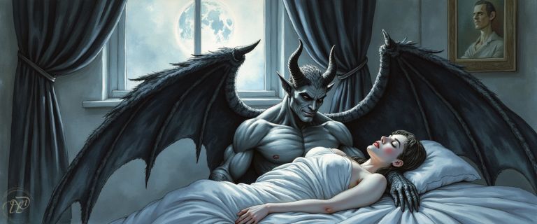 Ein großer, gehörnter Inkubus mit gewaltigen schwarzen Flügeln sitzt im Bett hinter einer schlafenden Frau und wacht über sie. Sein Blick ist auf sie gerichtet, während der Vollmond durch das Fenster scheint.