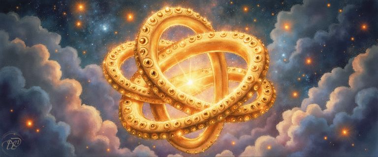 Goldenes, ineinander verschlungenes Gebilde aus Ringen, besetzt mit unzähligen Augen, das zwischen Wolken vor einem leuchtenden Sternenhimmel schwebt.