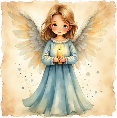 Ein liebliches Christkind mit blonden Haaren und großen Engelsflügeln trägt ein langes, blaues Gewand und hält eine brennende Kerze in seinen Händen.