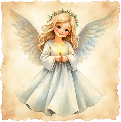 Ein liebliches Christkind mit langen, blonden Haaren, einem Kranz aus Blättern und Beeren auf dem Kopf und großen Engelsflügeln hält eine leuchtende Kerze in einem weißen Gewand.