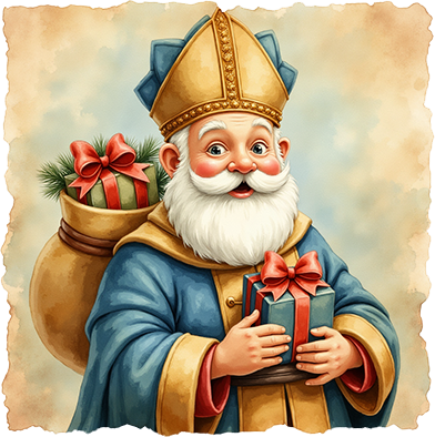Der heilige Nikolaus mit weißem Bart, blauer Robe und Bischofsmütze hält ein kleines Geschenk in den Händen. Über seiner Schulter trägt er einen großen Sack, aus dem ein weiteres Geschenk und Tannenzweige ragen.