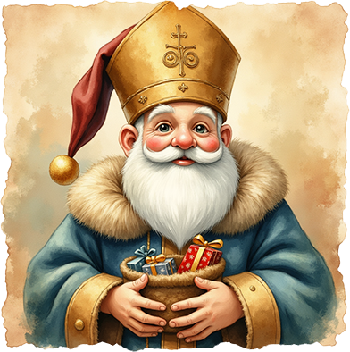 Ein freundlich blickender Sankt Nikolaus mit weißem Bart und goldener Bischofsmütze hält einen kleinen, offenen Beutel, der mit vielen bunten, kleinen Geschenken gefüllt ist.