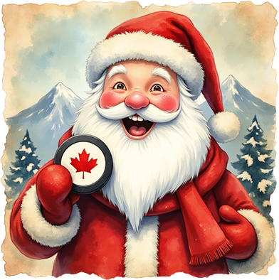 Ein fröhlicher Weihnachtsmann mit rotem Mantel und Schal hält ein rundes Emblem mit einem kanadischen Ahornblatt hoch. Im Hintergrund sind verschneite Berge und Tannen zu sehen.