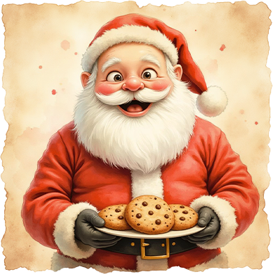 Ein freundlich lächelnder Weihnachtsmann mit großem, weißen Bart und roter Mütze hält einen weißen Teller mit drei Schokoladenkeksen in die Kamera.