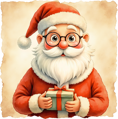 Ein gezeichneter Weihnachtsmann mit runder Brille, roter Mütze und weißem Bart blickt freundlich und hält ein kleines, eingepacktes Geschenk mit roter Schleife in seinen Händen.